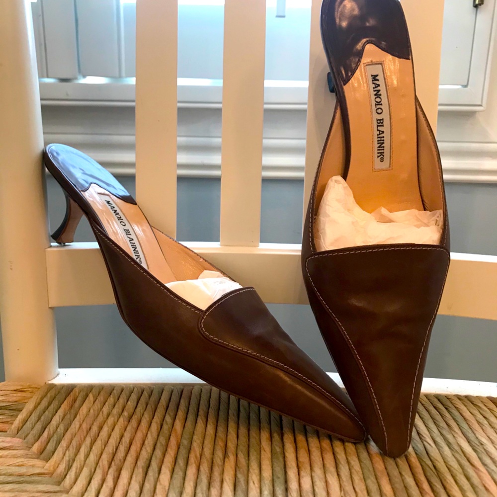 Manolo Blahnik Brown Leather Mules with Heel